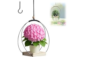 HUAMIRRA Hängeblumentopf mit Holzsockel, Blumenampel Hängend Innen mit Haken, Hängetopf für Pflanzen, Moderne Boho Hängetopf für Pflanzen, Schwarze Hängende Pflanzgefäße, für Wände, Decken, Garten, Balkon