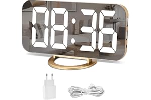 U-PICKS Espejo Reloj Despertador, Reloj Despertador Digital, Pantalla LED grande de con modo de atenuación, brillo ajustable, 2 puertos de carga USB Botón SNOOZE grande para la sala de estar del dormitorio