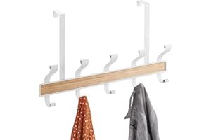 mDesign Appendiabiti da porta con 10 ganci – Appendino attaccapanni perfetto per bagno e camera da letto – bianco/legno chiaro