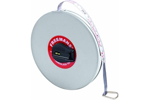 FREEMANS Leatherette 30m:13mm Fibreglass Measuring Tape - 30m/100ft Case Reinforced with Stainless Steel Band Durable Winding Mechanism Handle and Stainless Steel Mouth with End Hook