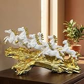 Tavasyya Luxury Seven Running Horse Showpiece | White & Golden Leafing Wave Base | Seven Vastu Horse Statue for Good Luck, Pr