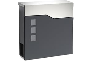 ‎WILTEC Wiltec Designer Briefkasten V20 anthrazit und Edelstahl 370 x 105 x 370 mm, Wandbriefkasten mit Schloss, Sichtfenstern und Zeitungsrolle, Postkasten aus pulverbeschichtetem Stahl