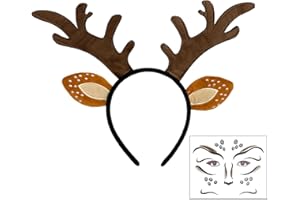 EUPSIIU Diadema Orejas de Animales, Ciervo Traje Tocado Diadema, Diadema Cuernos Ciervo Cuernos Ciervo Orejas + Cara Ciervo Tatuaje, para Carnaval Disfraz Fiesta Temática Halloween Cosplay (Marrón)