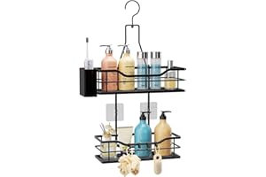 HapiRm Shower Caddy Hanging Organiser - 2 Tier Bathroom Caddy Organiser with 360° Rotatable Top Hook and 4 Hooks, Black Rustproof Shower Shelf Hanging for Shampoo, Conditioner, and Bathroom Storage