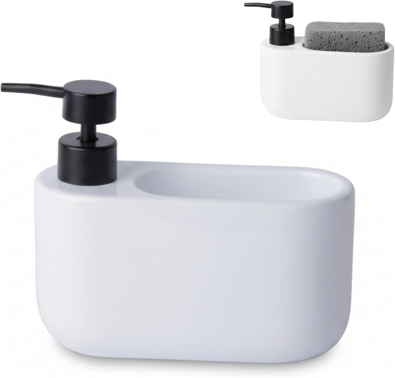 Kook Time Dispensador de Jabón Cocina con Estropajero 520 ml Curve - Dosificador de Cerámica y Soporte para Esponja. Organizador de Fregadero Estrecho. 18 x 7.3 x 15 cm. - Blanco