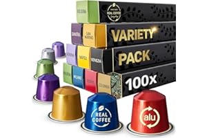 REAL COFFEE GREAT TASTE. EVERY DAY Variety Pack: 100 Nespresso Compatible Pods. 9 Different Varieties With Coffee Capsules
