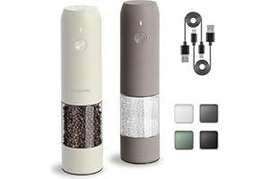TLYSXPRO Juego de Molinillo Pimienta Eléctrico y Salero, Recargable por USB, Molinillo de Salero y Pimentero con Granulometría Ajustable, Salero y Pimentero Eléctrico, Luz LED (2 Piezas, Greige&Buttercream)