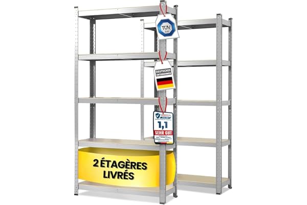 KARAT Étagères pour Charges Lourdes - Étagères Enfichables avec 5 tablettes réglables – Rayonnages en métal Idéal pour Cave Garage Entrepôt - Lot de 2, modèle Lakota (Argent, 200 x 100 x 50 cm)