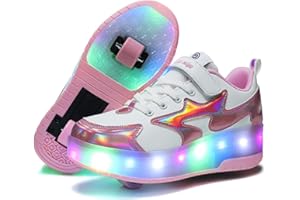 LOVELYSI Unisex Boys Girls LED Lights USB Rechargeable Trainer Roller Skates Shoes with Single Double Wheels Retractable Outdoor Sports Cross Trainers Gymnastic Running Sneakers for Party