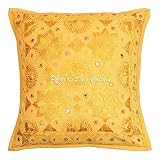 Indio Mirror Bordado de algodón Arrojar la Almohada Cubrir Amarillo 16x16...
