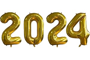 LOMYLM 2024 Foil Balloons, 2024 New Year's Eve Decorations Balloons, 2024 Graduation Prom Decorations, Self Inflating 2024 Foil Balloon Banner Large Gold 2024 Number Balloons 2024 Party Supplies (16inch)