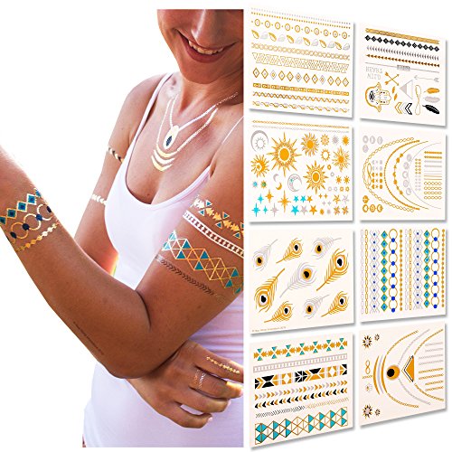 #1 Metallic Temporary Tattoos. 8 Sheet Pack. Gold Silver Temporary Tattoos. High Gloss Shimmer Effect.