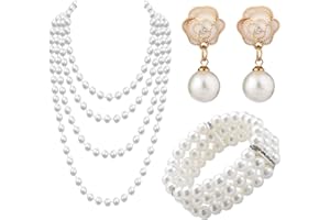 Lucktao 3 Stück Set Perlenkette Damen,perlen schmuck,Perlenarmband,Vintage Imitation Perlen Halsketten,Perlenohrringe Perlenkette für Geburtstag Party Abschlussball Hochzeit Festival