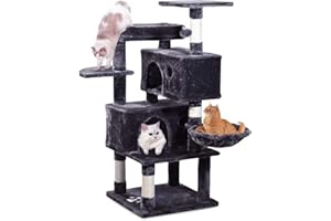 JISSBON 124cm Cat Tree Tower, Multi Level Cat Scratching Post with Condos, Hammock & Plush Perches for Kittens, Large Cats, Grey