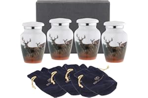 BOLD & DIVINE Deer Printed White Keepsake Urns | Small | Mini Urn Set of 4 | For Human Ashes or Pet Ashes With Velvet Bag