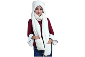 Sanahy 3 in 1 Women Girl Hooded Scarf With Pockets Hat Scarf Gloves Set Cute Plush Animal Winter Hat Warm Winter Fashion