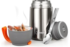 DUNSOO Pojemnik termiczny do jedzenia, 650 ml, pojemnik termiczny na potrawy, stal nierdzewna, ze składaną łyżeczką, idealny do przechowywania zup, owsianki, lodów i jogurtu (szary)