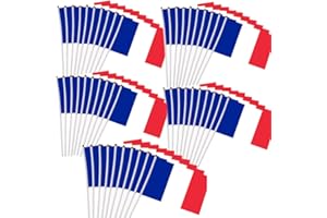 HOLLYLIFE 50 Pièces Petit Drapeau Français avec Baton Drapeau Tricolore Bleu Blanc Rouge Tenus à manivelle Fanions pour Fête défilés matchs de football événement sportif Jardin Décoration de bar 21 x 14 cN