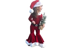 TAGVO Costume Babbo Natale Bambina, 3 Pezzi Velluto Top + Pantaloni + Cappello Set, Vestito Natalizio Elfa di Babbo Natale Bambini 1-9 Anni