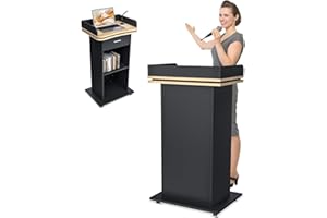 KAIWRXIN 43” Wooden Podium Stand with 3-Tier Storage Shelves & Lockable Wheels - Floor-Standing Lectern for Churches, Offices, Schools, and Conferences (Black Front Panel)