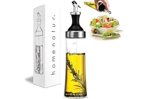 HOMENATUR Oliera Salvagoccia - Bottiglie Vetro - 570 ml - Contenitore Olio di Oliva Aceto Cucina - Tappo Dosatore Antigoccia Scala di Misure - Oliera da Tavola
