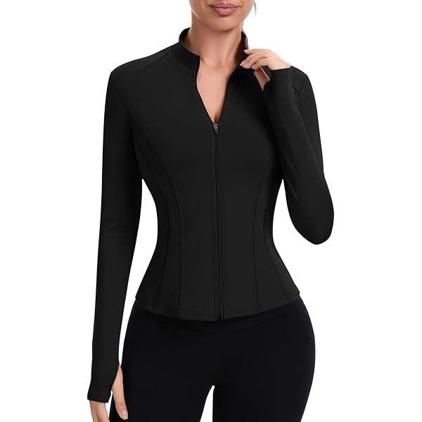 PINSPARK Veste de sport pour femme - Coupe ajustée - Fermeture éclair intégrale - Course à pied - Gym - Yoga - Sport - Hauts avec poches, Noir , S