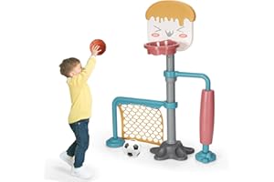 GOPLUS Juego de Canasta de Baloncesto 3 en 1, Incluye Portería de Fútbol, Rodillo, Canasta de Baloncesto de Altura Regulable, Base Rellenable con Agua o Arena