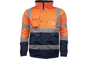 DURUS WORKWEAR Hi Vis High Visibility Safety Security Reflective Protective Waterproof, Windproof Padded Workwear Bomber Jacket Coat With Concealed Hood Available In Orange, Yellow, Black and Contrast.