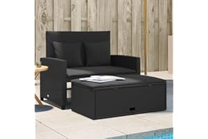 Amorsee Sofá de jardín de 2 Plazas con Reposapiés de Almacenaje, Sofa Jardin Terraza, Sofas De Terraza, Muebles Jardin Exterior con Respaldo Inclinable y Cojines, Negro