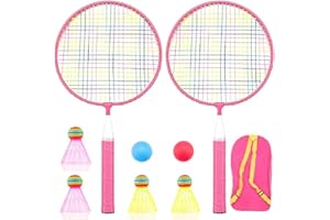 AIKESIWAY Badminton Racket for Children 1 Pair, Nylon Alloy Durable Professional Racquet Set for Children Indoor/Outdoor Sport Game（Including 4 Badminton and 2 Table Tennis） (Pink)