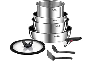 Tefal Ingenio Batterie de cuisine 8 pièces, Poêles, Casseroles, Poignée amovible, Induction, Acier inoxydable, Revêtement antiadhésif, Empilable, Compatible lave-vaisselle, Emotion L8979804