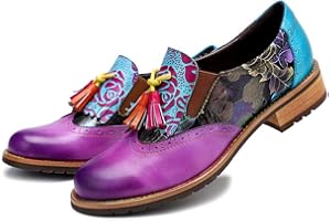 CrazycatZ Damen Leder Oxford Schuhe Perforierte Schnürspitze Bunte Leder Vintage Bunte Schuhe