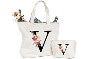 SINEKONG Letras Personalizadas Bolsa de lona, Bolso Tote de Mujer con Inicial y Flores Bolsa de Compras con Bolsillo Interior Alfabeto Bolso de Cosméticos Regalos para Damas Amigas Mamá Regalo Cumpleaños(V)