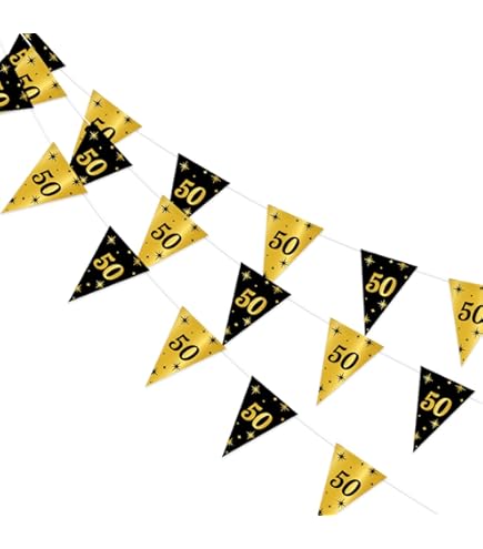 DPKOW Zwart goud 50e verjaardag decoratie voor man vrouw, zwart goud 50e verjaardag banner voor achtergrond deur decoratie tuin tafel muur, 185 x 90