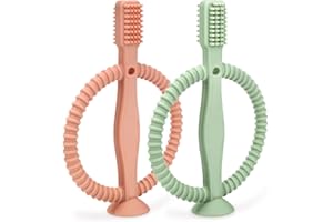 CLDY Anneau de dentition pour bébé, Brosse à Dent Bebe 100% silicone de qualité 3 Mois +, Brosse à Dents en silicone pour bébé avec base à ventouse, côtés texturés pour aider au massage (2 Couleurs)