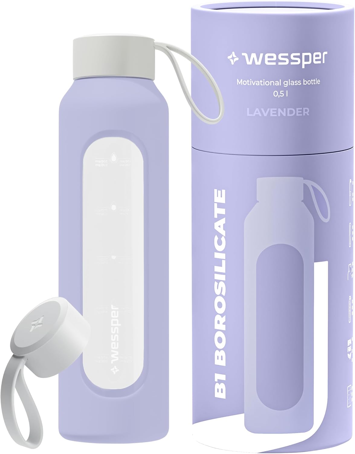 Wessper Botella de Agua Cristal, Botella 500 ml Motivadora con Escala de Hidratación, Botellas de Vidrio Borosilicato con Funda de Silicona, Material Seguro sin BPA - Violeta