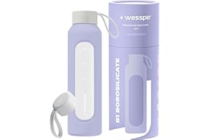 Wessper Botella de Agua Cristal, Botella 500 ml Motivadora con Escala de Hidratación, Botellas de Vidrio Borosilicato con Funda de Silicona, Material Seguro sin BPA - Violeta - 1