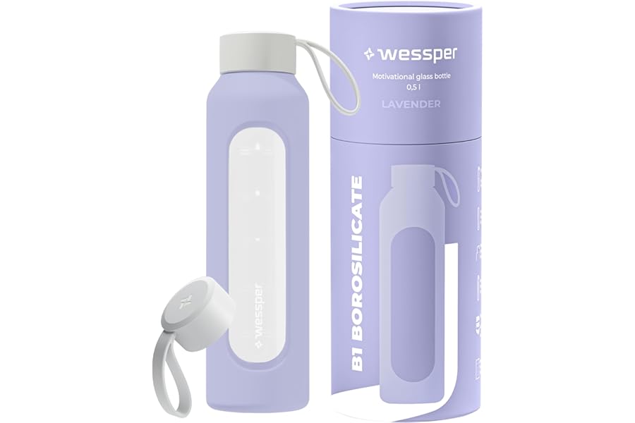 Wessper Botella de Agua Cristal, Botella 500 ml Motivadora con Escala de Hidratación, Botellas de Vidrio Borosilicato con Fun