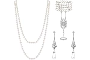 SAVITA 1920s Accessories Set, 3szt. Flapper Accessories Set Naszyjnik i Kolczyki z Sztucznych Pereł z Lat 20. Zestaw Bransoletek z Pierścionkami Lata 20 Akcesoria na Imprezę Gatsby Kobiety Dziewczyny