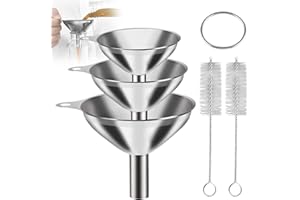 Bahan alamy Imbuto in acciaio inox, 3 imbuti da cucina, imbuto piccolo con manico e 2 spazzole per la pulizia, mini imbuto impilabile per il trasferimento di olio, sale, zucchero, marmellata, liquidi,