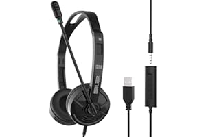 JSTH USB Headset & 3.5mm Jack Phone Headphone 2 in 1, PC Headphone with Microphone Noise Cancelling & Audio Controls, Laptop Headphone for Skype, Most Smartphones, Call Center Office