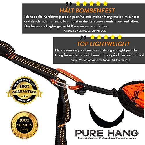 PURE HANG Hochbelastbare & Ultra-Leichte Aluminium-Karabiner mit Drahtbügel-Verschluss Zubehör Befestigungs-set Aufhängeset für Hängematte & Hängesessel 12kN Belastung & 20 Gramm, Orange – 2 Stück Hängematten-Karabiner – Safe & Smart Abhängen - 2