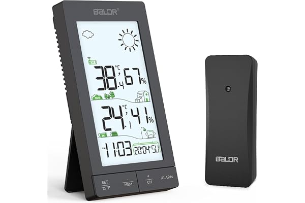 Station Météo Sans Fil Avec Capteur Extérieur, Thermomètre Intérieur Et Extérieur Hygromètre Écran LCD De 6,0’, Prévisions Météo, Jour De La Semaine, Réveil, Fonction Snooze Et Rétroéclairage Noir
