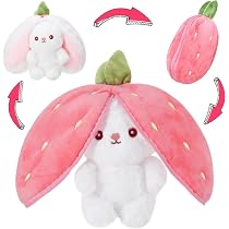 Peluche Lapin Transformable Fraise - Jouet Doux Réversible 25cm - Cadeau Enfant, Pâques, Saint-Valentin