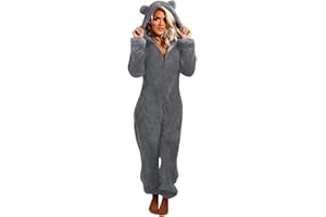 Duohropke Jumpsuit Women's Winter Warm Jumpsuit Teddy Fleece One-Piece Onesie Pyjamas Cuddly Long Pyjamas Fluffy Soft Leisure Suit Plain Sleepsuit with Hood Zip Homewear