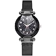 Women's Analogue Quartz Wrist Watch Starry Sky Convex Glass Quartz Mesh with Magnetic Buckle Ladies Watch (Black)