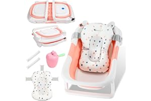 Ikodm Baby Badewanne Faltbare,Babybadewanne mit Thermometer | Badematte | tragbare Wanne für Neugeborene bis Kleinkinder mit rutschfester Matte und Abflussloch -Rosa