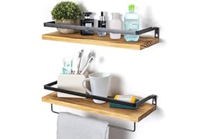 Anicoll Wandregal schwebend Holz Wandmontierte schwebende Regale mit Handtuchhalter Rustikale Aufbewahrungsregale Ideal für Wohnzimmer Schlafzimmer Flur Badezimmer 2 Stücke (Karbonisiert- Braun)