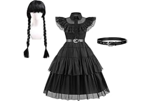 BOOSHMall Kostium gotycki dla dzieci, zestaw 5 sztuk, czarna sukienka z peruką, paskiem i skarpetkami, długa średniowieczna sukienka, kostium dla dziewczynek, na karnawał, Halloween, imprezę,