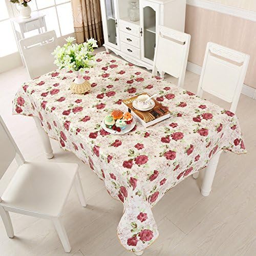 LikeYou Burgundy and Beige Blossom Flower Table Cloth Water Proof with Premium Flannel Back, 54" x 72" Long PVC Table Cover Oil Resistant for Tabletop Decor …(54Wx72H, Burgundy/Beige)
